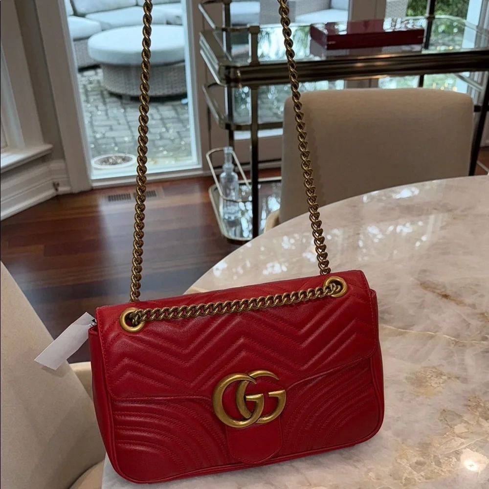 Gucci Red and Gold Chevron Quilted Shoulder Bag - Picture 10 of 12